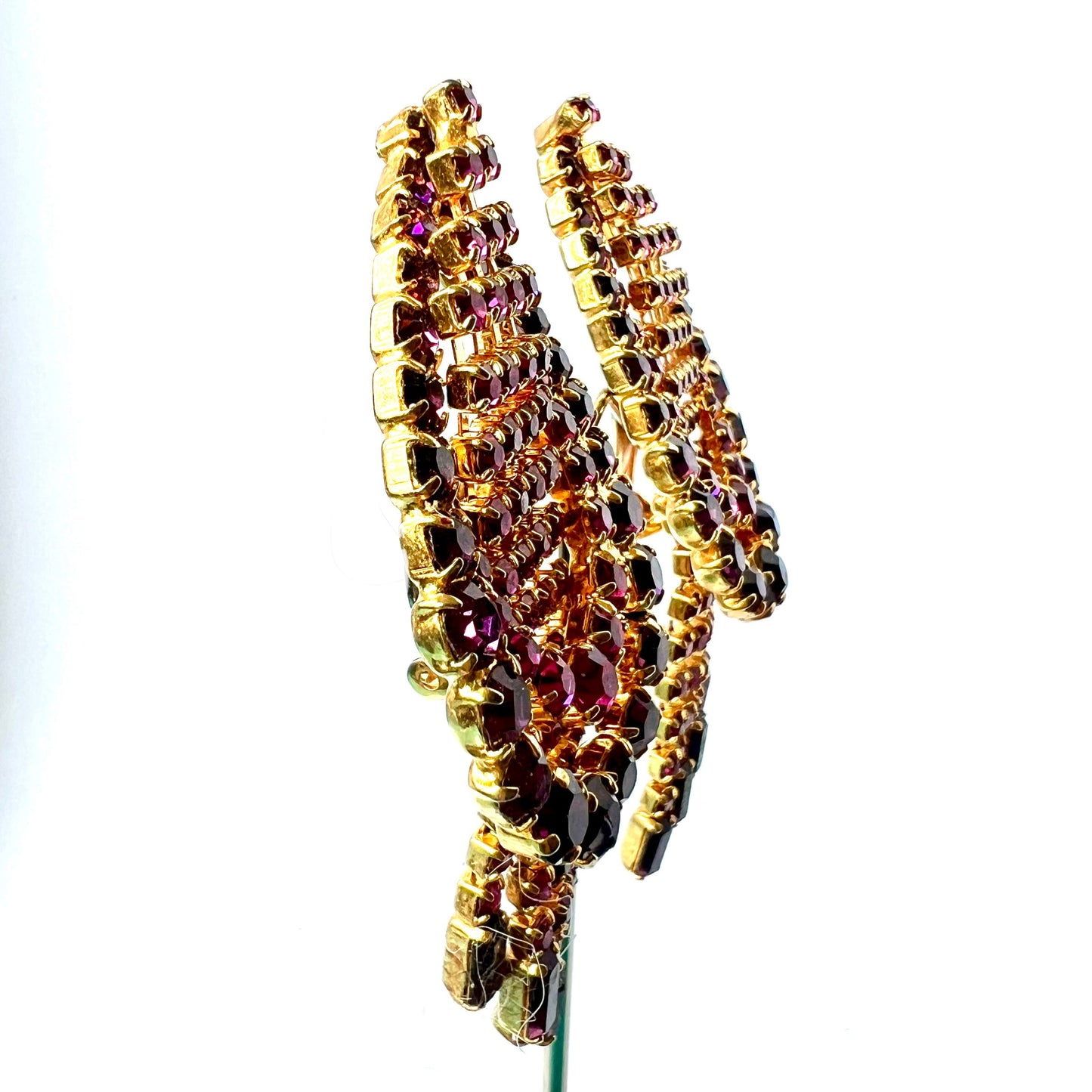 Vintage from 1950’s Gold Tone Pink and Purple Rhinestones Chandelier Clip On Earrings