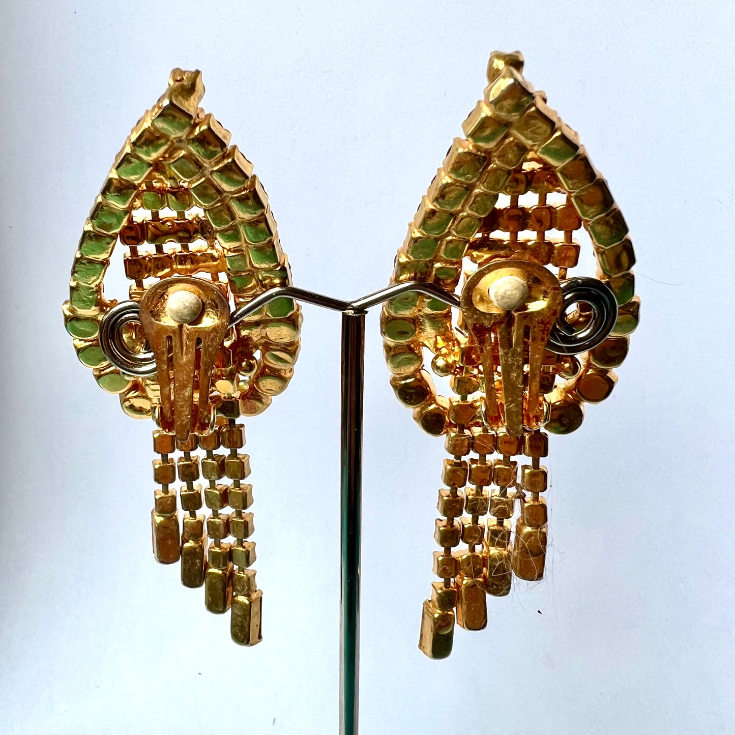 Vintage from 1950’s Gold Tone Pink and Purple Rhinestones Chandelier Clip On Earrings