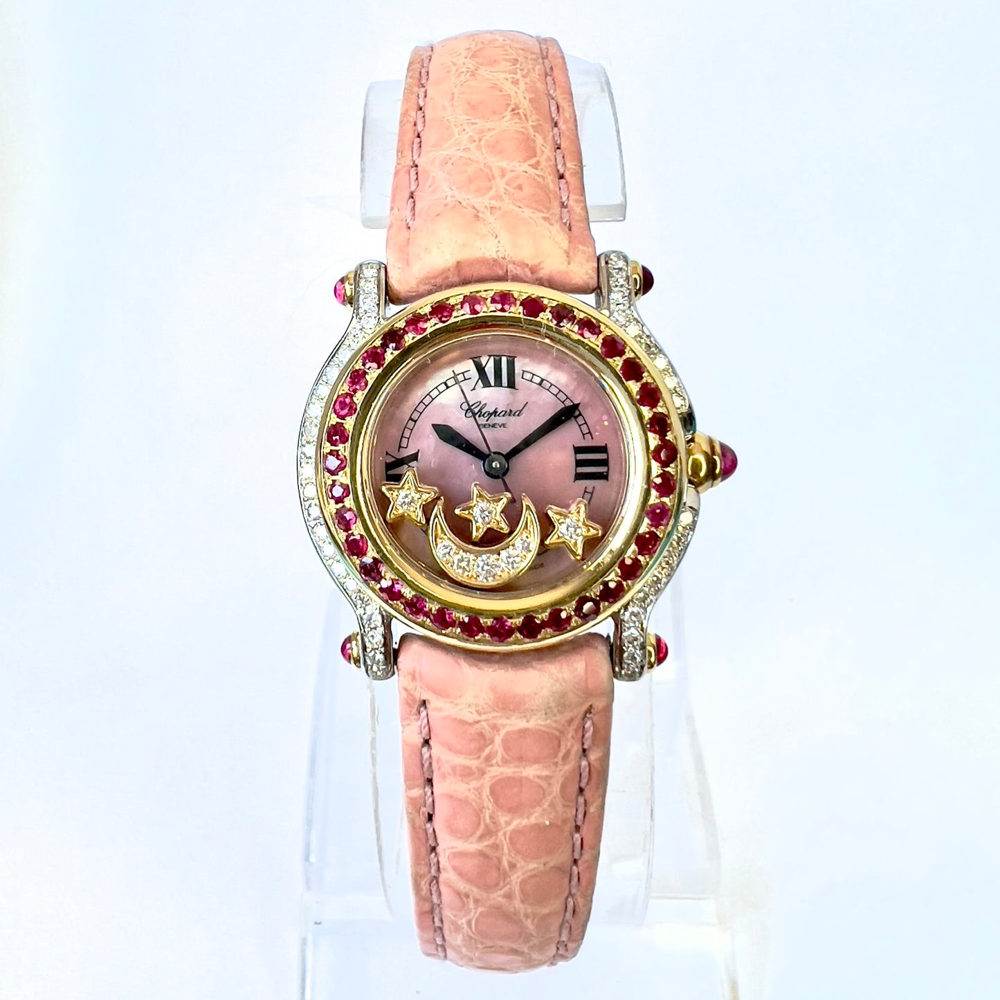 CHOPARD HAPPY SPORT Quartz 26mm 2 Tone Floating DIAMONDS & Red RUBIES Watch