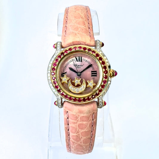 CHOPARD HAPPY SPORT Quartz 26mm 2 Tone Floating DIAMONDS & Red RUBIES Watch