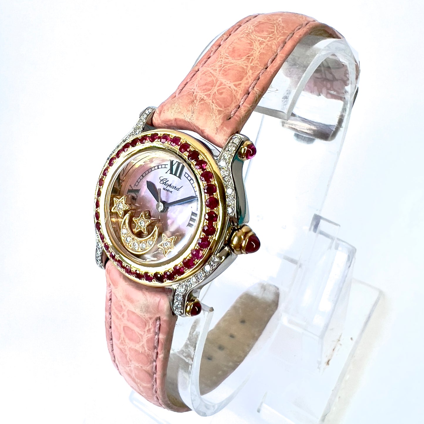 CHOPARD HAPPY SPORT Quartz 26mm 2 Tone Floating DIAMONDS & Red RUBIES Watch