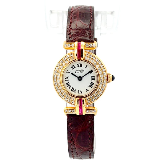 CARTIER VERMEIL COLISEE Quartz 24mm GP Silver 0.87TCW Diamond & Rubies White Dial Watch