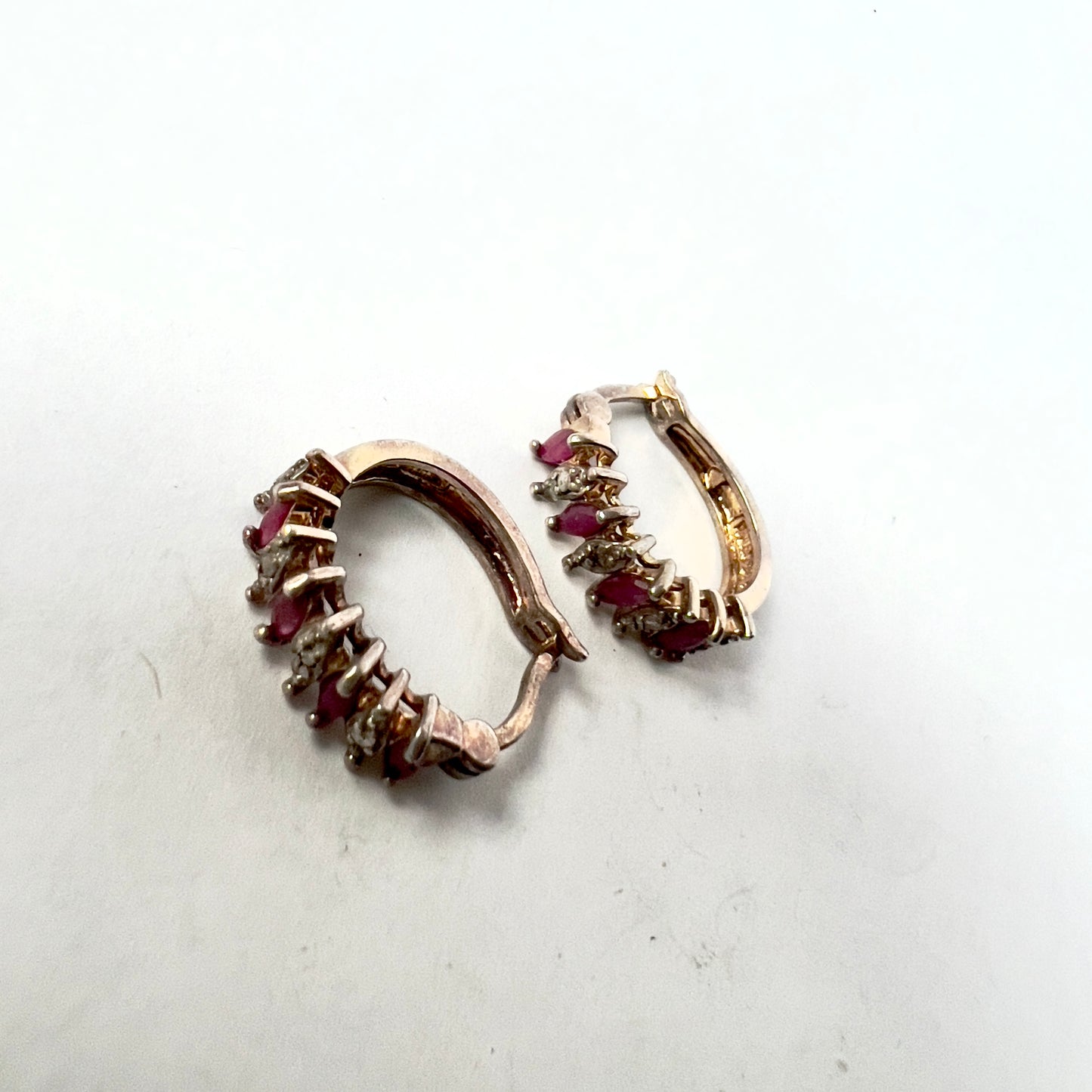 Goldplated 925 Sterling Silver Genuine Ruby Hoop EARRINGS w/ Diamonds 4.9g