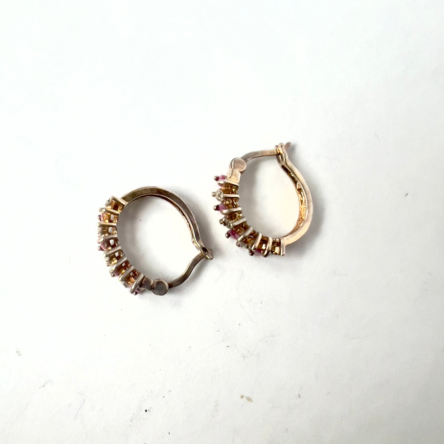 Goldplated 925 Sterling Silver Genuine Ruby Hoop EARRINGS w/ Diamonds 4.9g