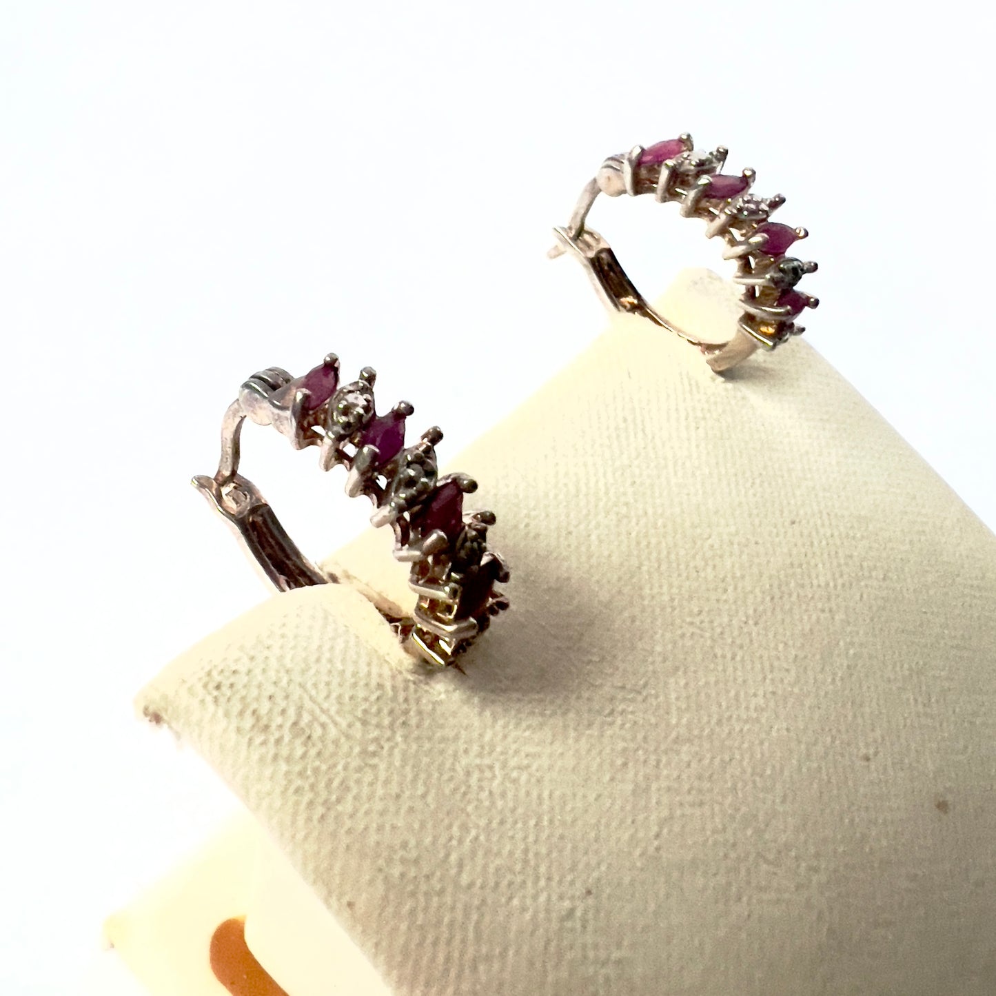 Goldplated 925 Sterling Silver Genuine Ruby Hoop EARRINGS w/ Diamonds 4.9g