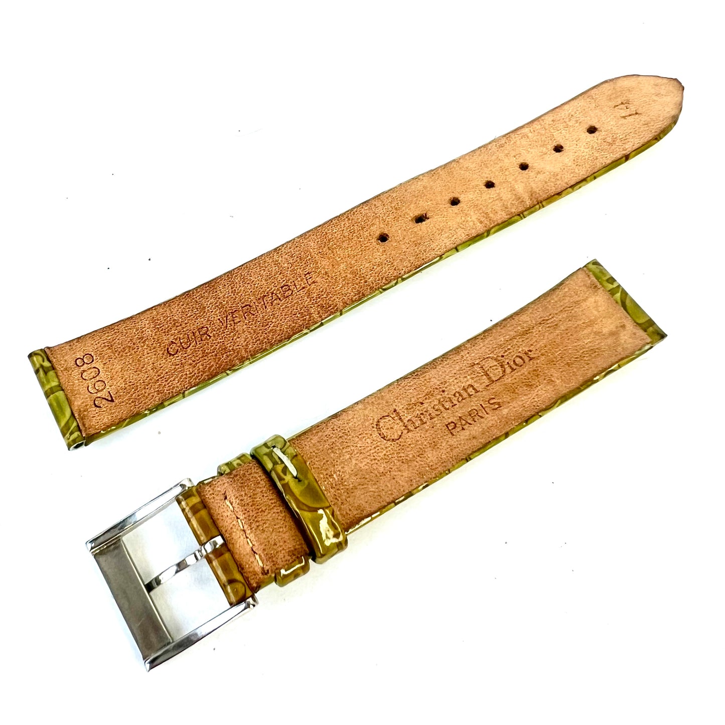 NEW CHRISTIAN DIOR Light Green Patent Leather 14/14mm Strap/Band with DIOR Silver Tone Buckle