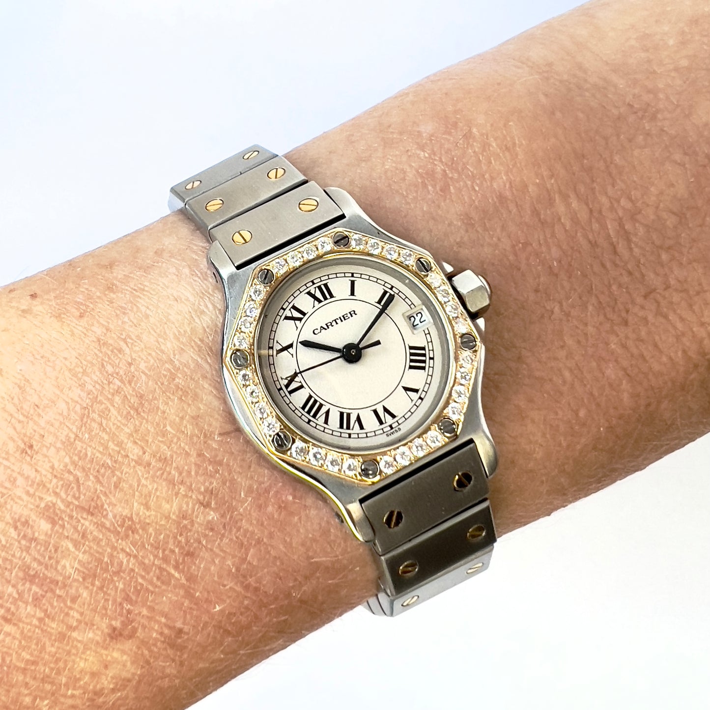 CARTIER SANTOS OCTAGON 25mm Quartz 2 Tone 0.40TCW Diamond Watch
 NEW Model