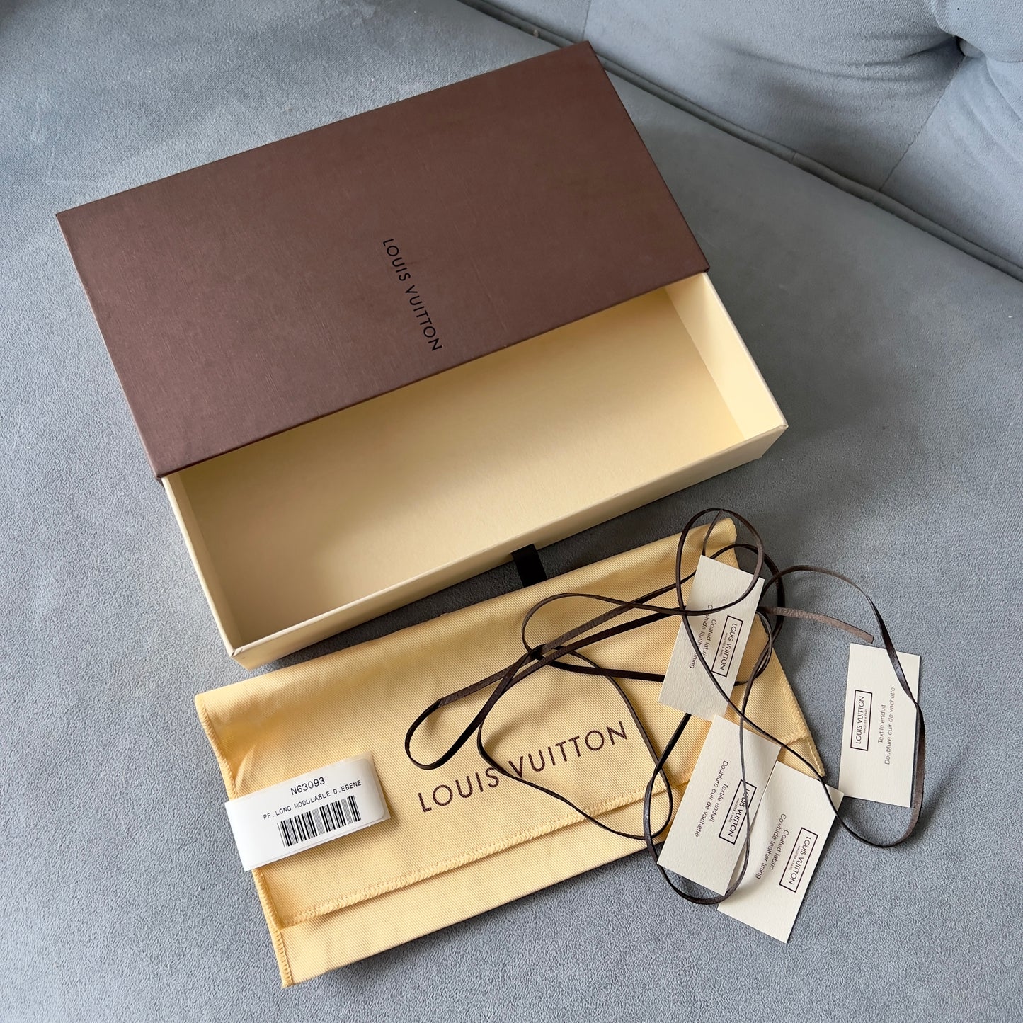 LOUIS VUITTON Pouch + Leather String + Tags + Box 9.75x5x1.75 inches