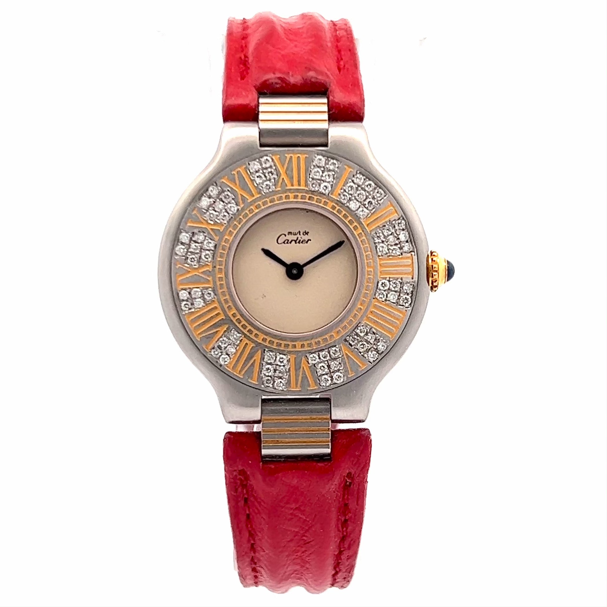 CARTIER MUST 21 Quartz 28mm 2 Tone 0.41TCW Diamond Watch Red Belt