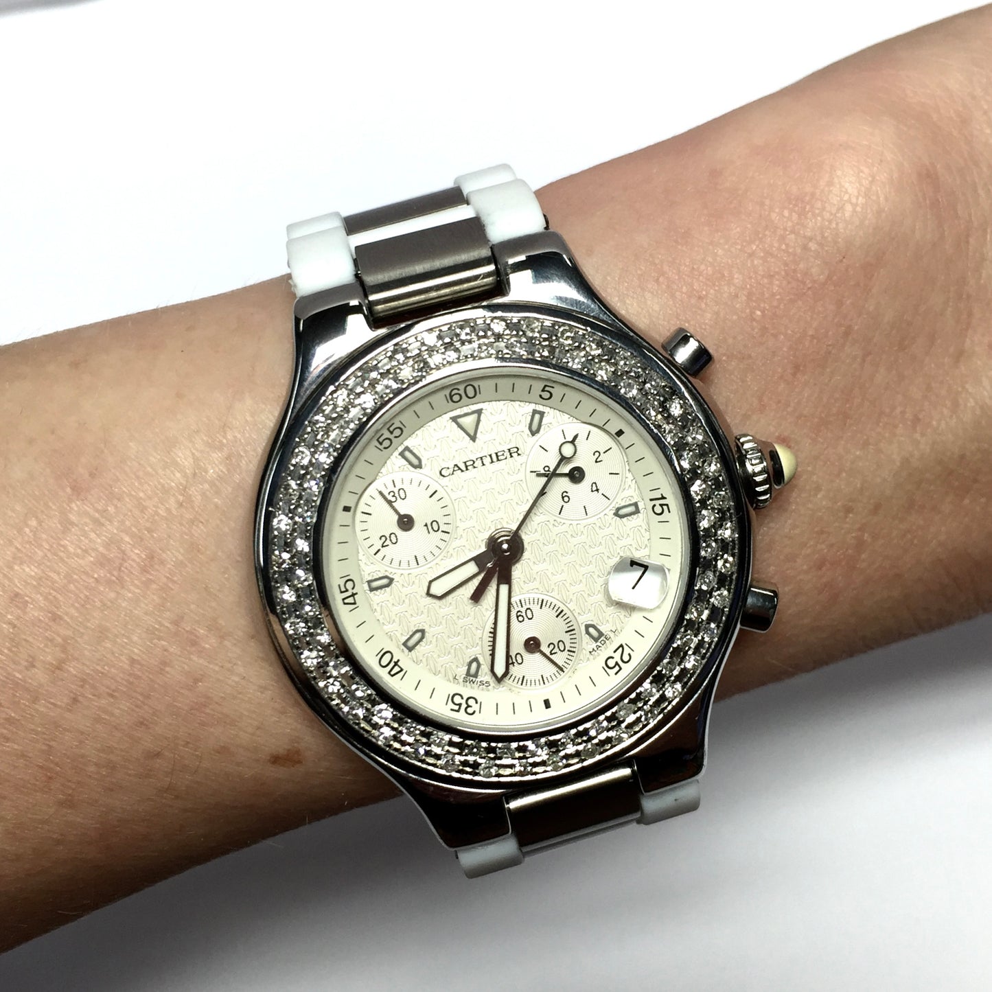 CARTIER CHRONOSCAPH 21 Chronograph 2424 Quartz 38mm Steel 2.38TCW DIAMOND Watch