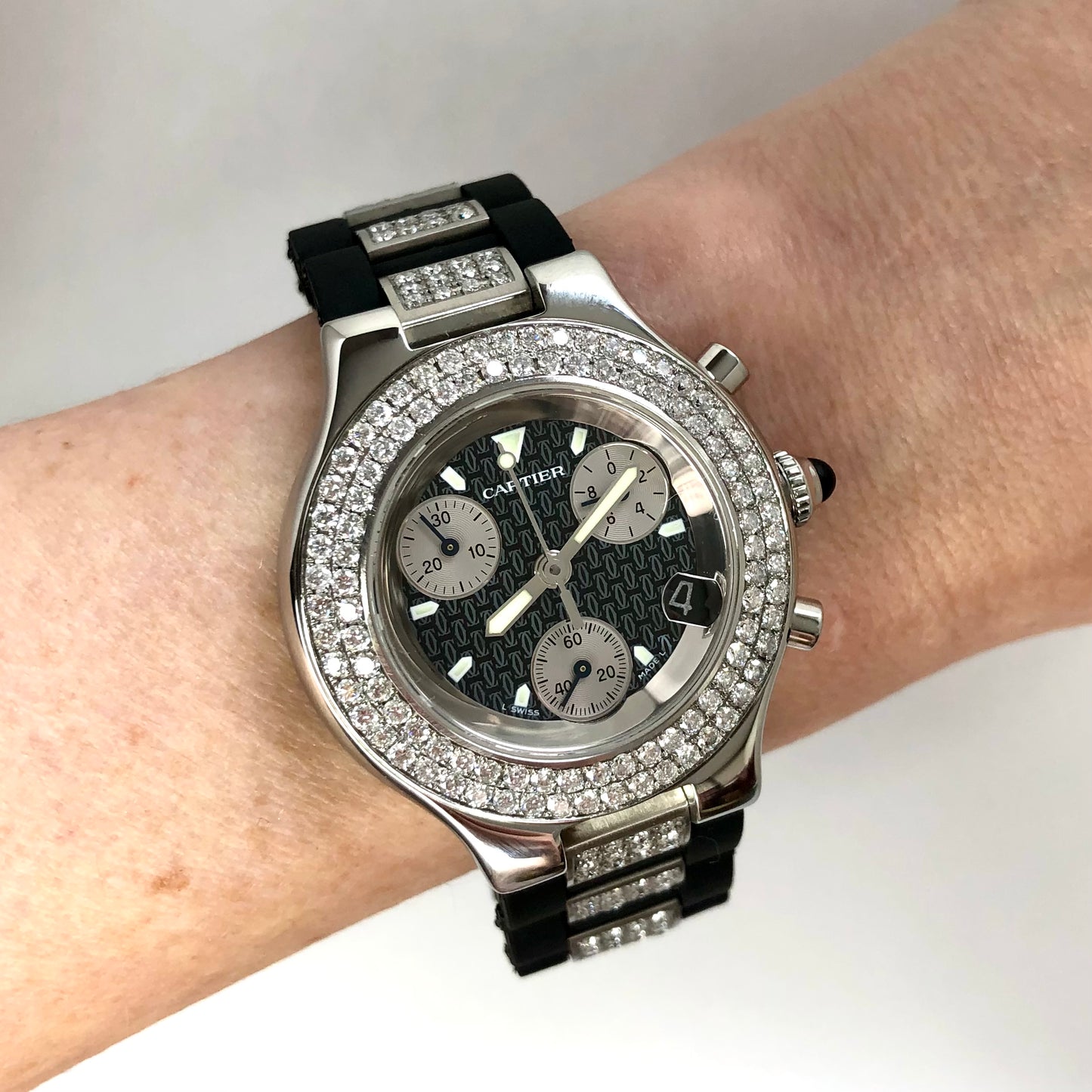 CARTIER CHRONOSCAPH 21 Chronograph 2424 Quartz Steel 38mm 4.47TCW DIAMOND Watch