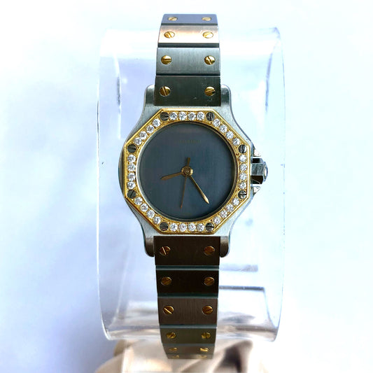 CARTIER SANTOS OCTAGON 25mm Automatic 2 Tone 0.40TCW DIAMOND Gray Ghost Dial Watch