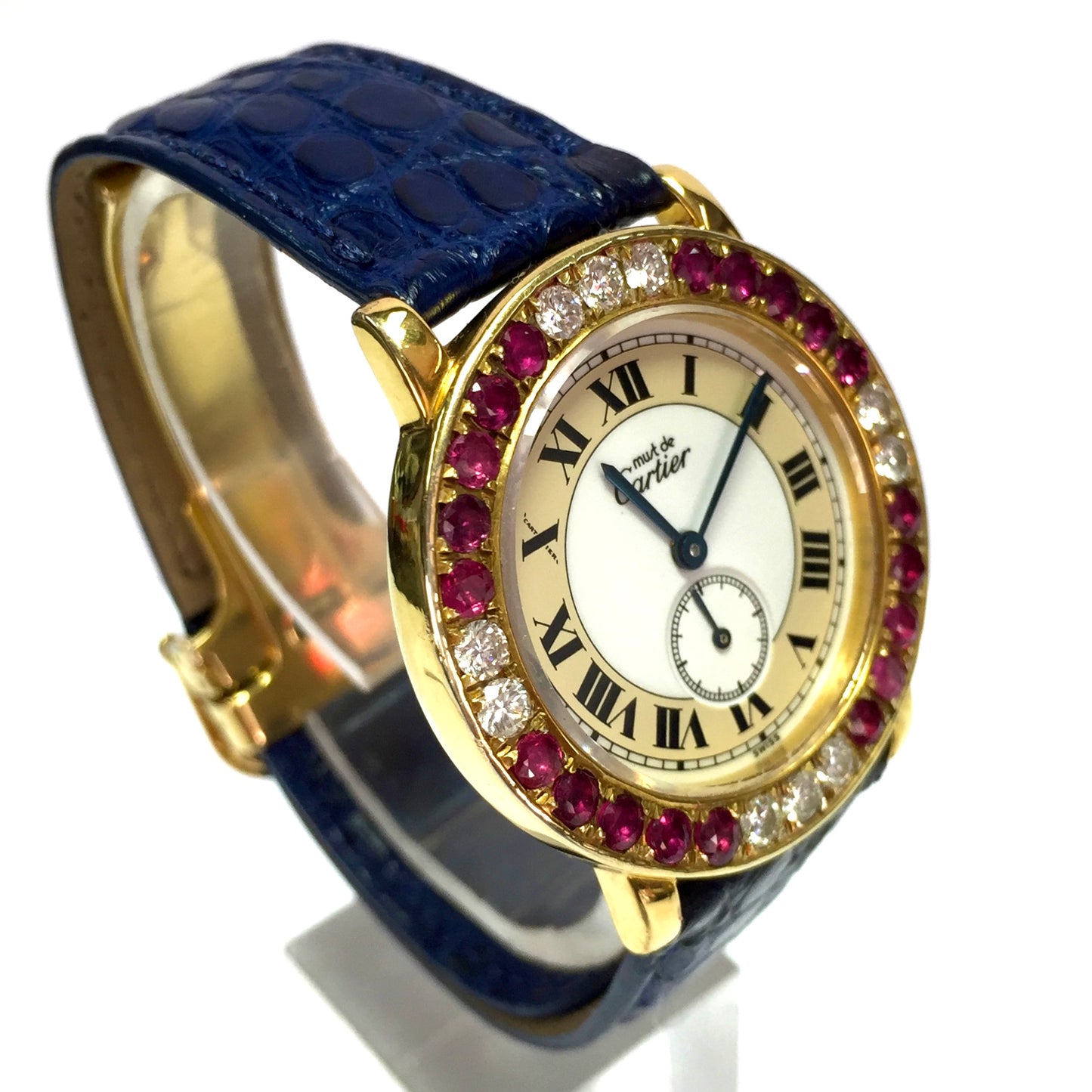 CARTIER RONDE 32mm Quartz GP Silver Diamonds & Red Rubies Watch
