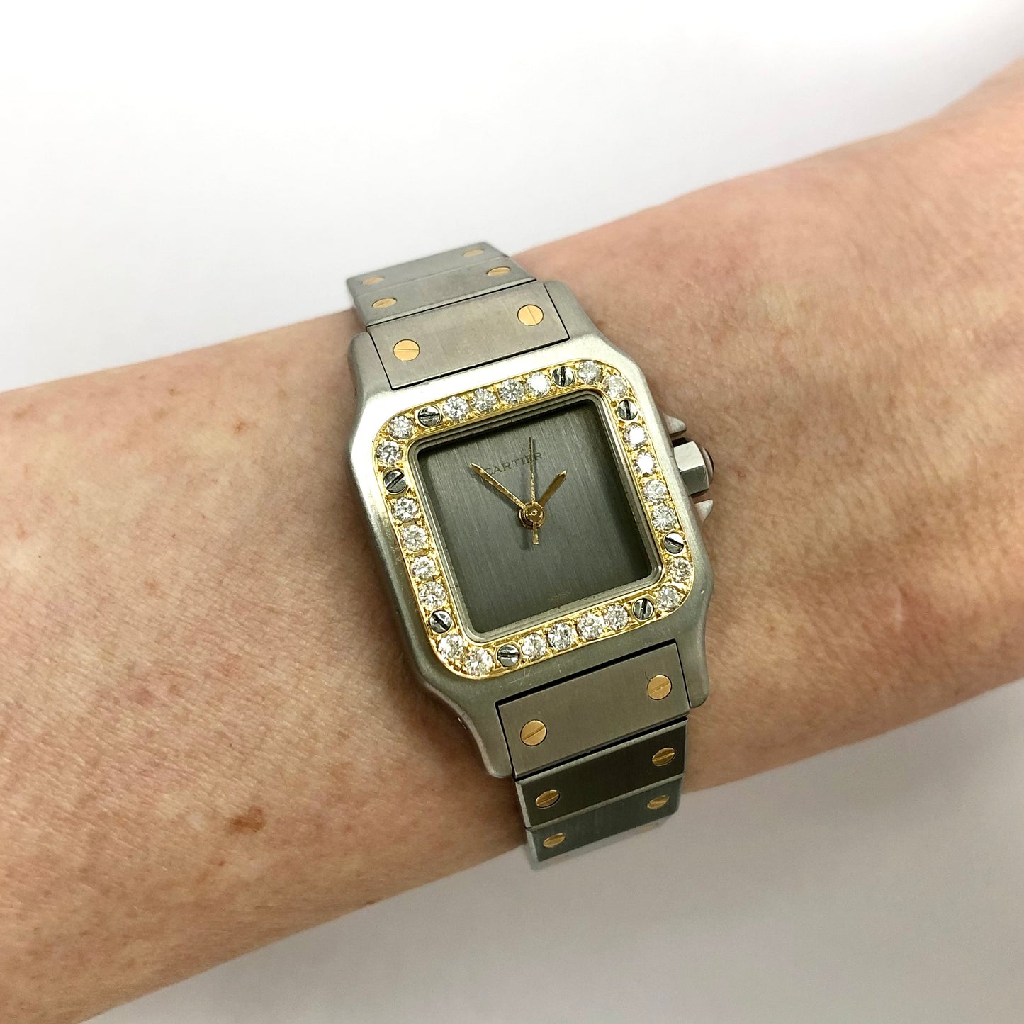 CARTIER SANTOS GALBEE 24mm Automatic 2 Tone Ladies Watch Diamond Bezel Gray Dial