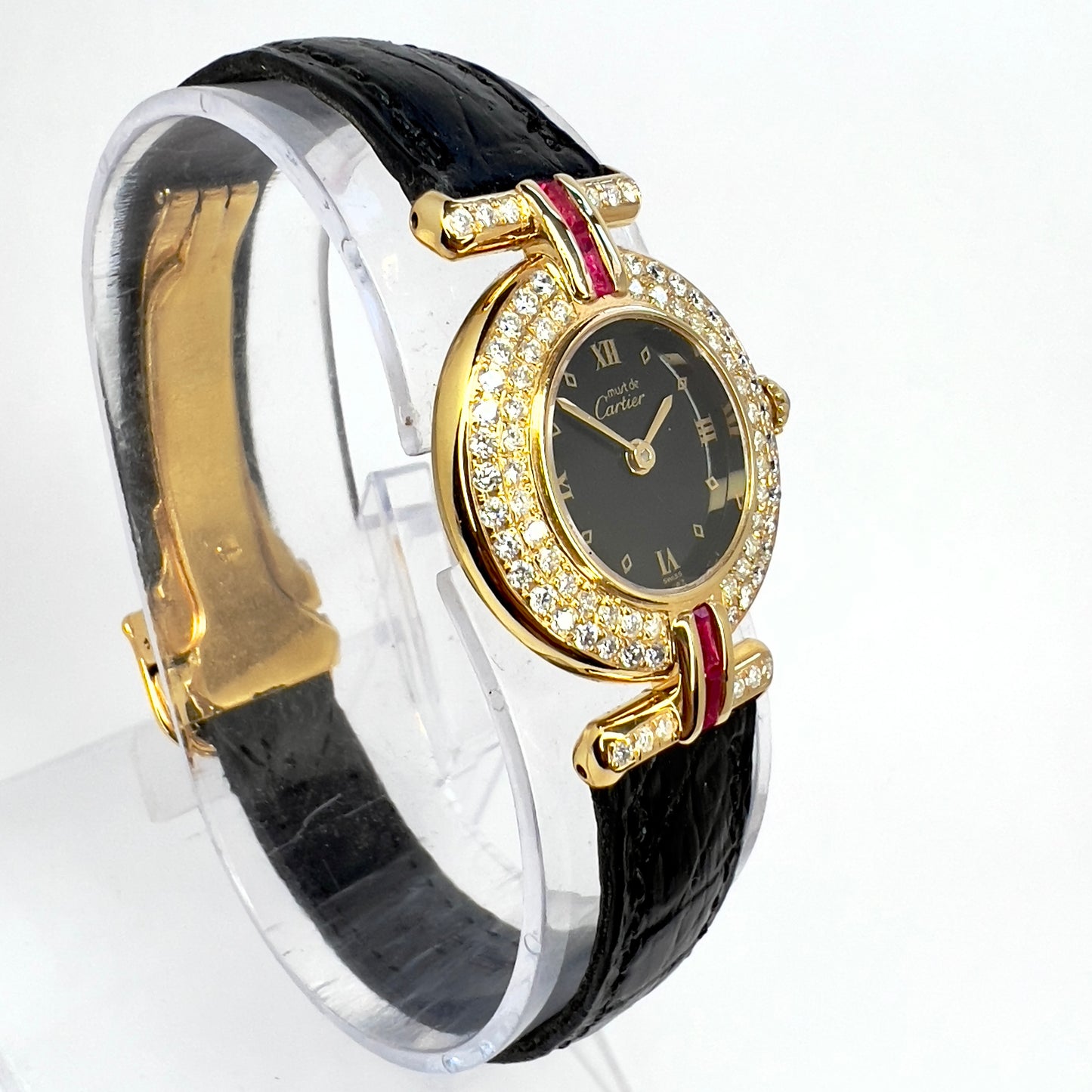 CARTIER VERMEIL COLISÈE Quartz 24mm GoldPlated Silver 0.83TCW DIAMONDS
& Red Rubies Watch