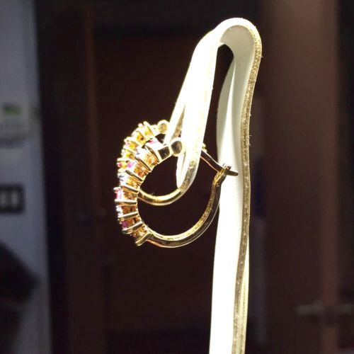 Goldplated 925 Sterling Silver Genuine Ruby Hoop EARRINGS w/ Diamonds 4.9g