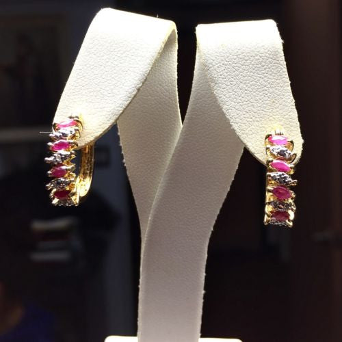 Goldplated 925 Sterling Silver Genuine Ruby Hoop EARRINGS w/ Diamonds 4.9g