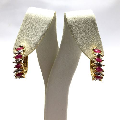 Goldplated 925 Sterling Silver Genuine Ruby Hoop EARRINGS w/ Diamonds 4.9g