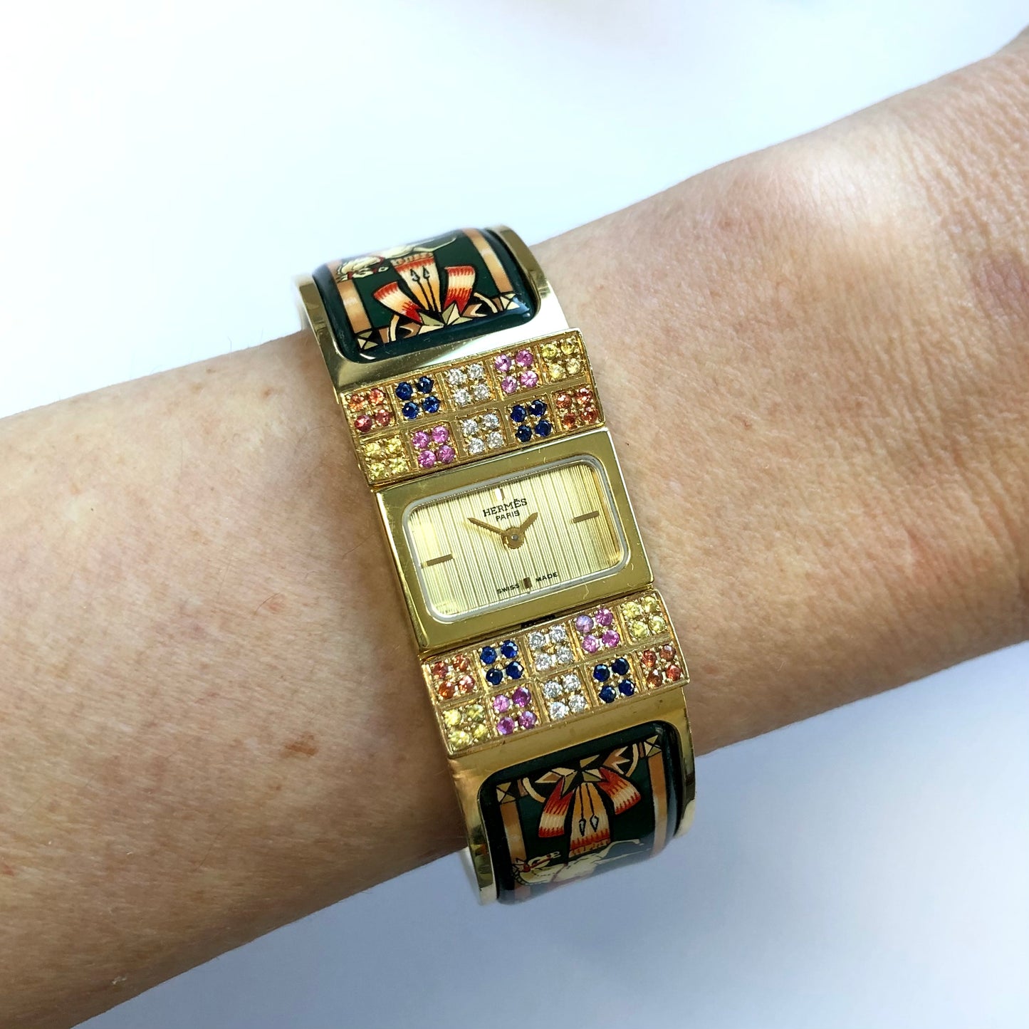 HERMÈS LOQUET Quartz 20mm Gold-Plated Multi-Color SAPPHIRES & DIAMONDS Watch