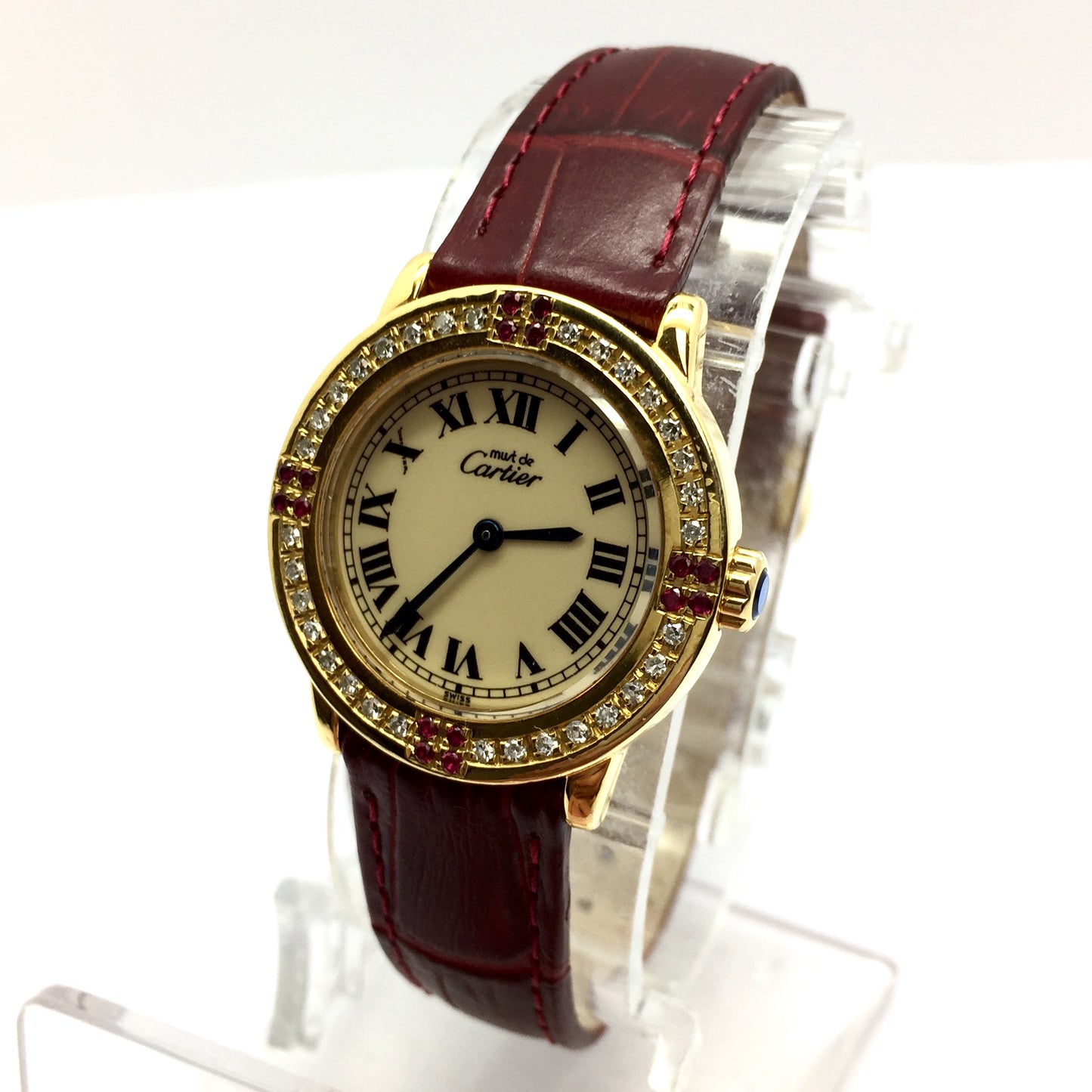 CARTIER Vermeil 28mm GP Silver Diamond & Rubies Watch