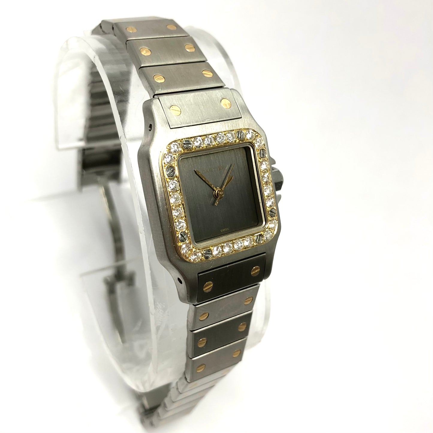 CARTIER SANTOS GALBEE 24mm Automatic 2 Tone Ladies Watch Diamond Bezel Gray Dial