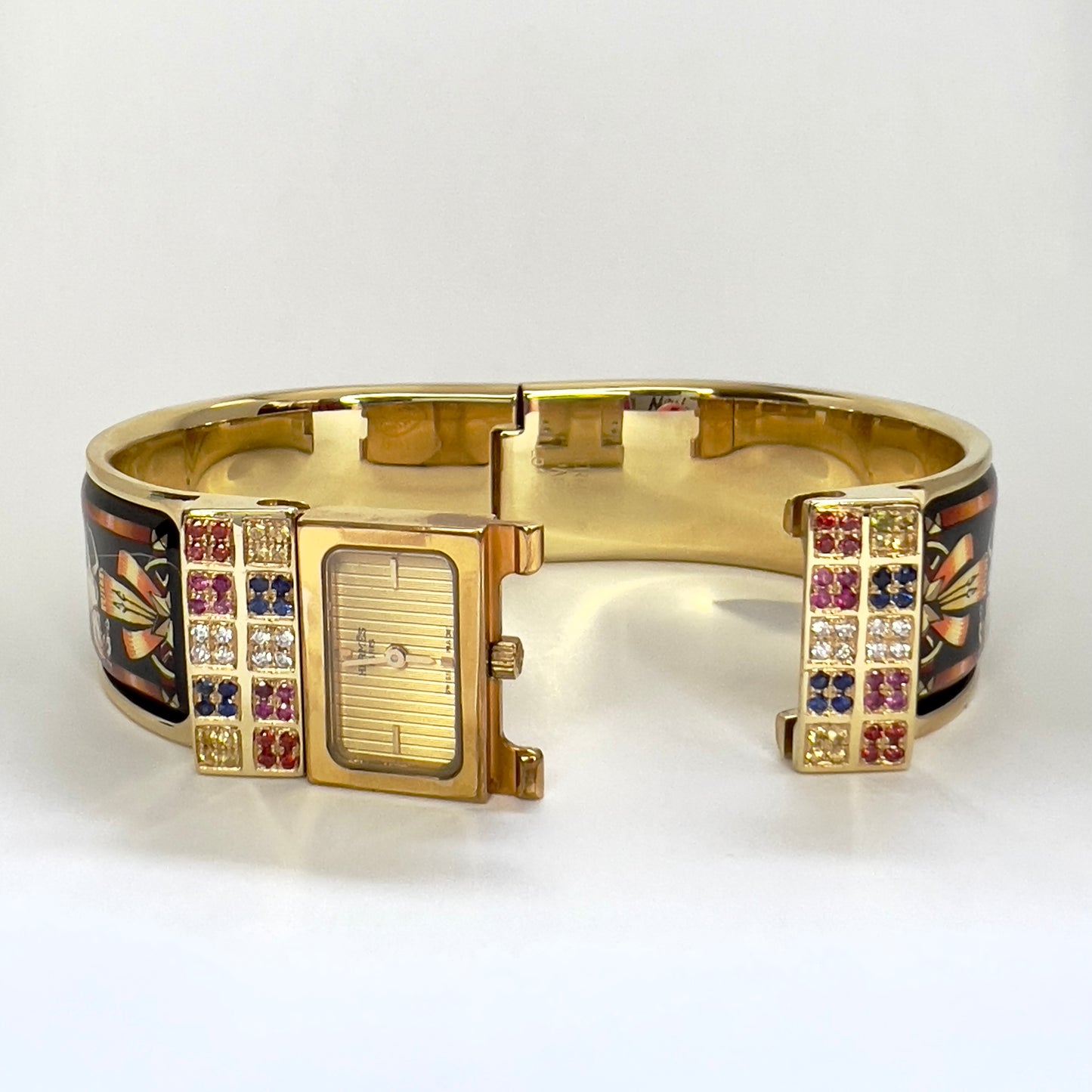 HERMÈS LOQUET 18K Gold-Plated Bracelet Watch w/ Multi-Color SAPPHIRES & DIAMONDS