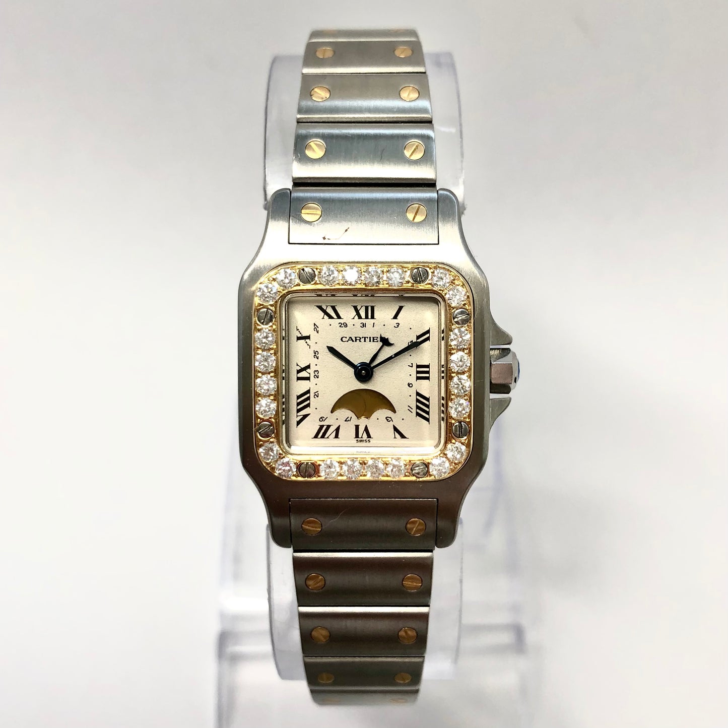 CARTIER SANTOS GALBEE 24mm Quartz Moon Phase 2 Tone Watch 0.54TCW Diamond Bezel