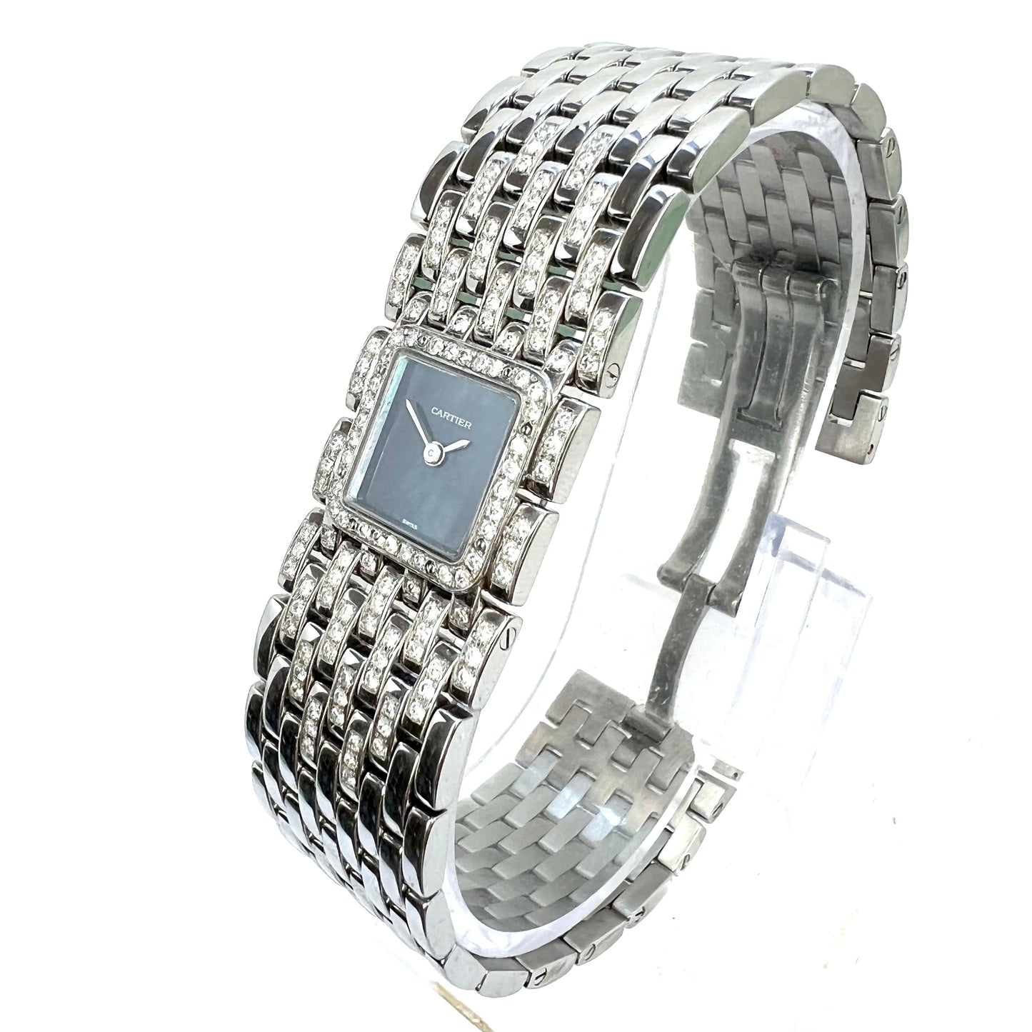 CARTIER PANTHERE RUBAN Quartz 21mm Steel ~1.32TCW DIAMOND Watch Blue MOP Dial