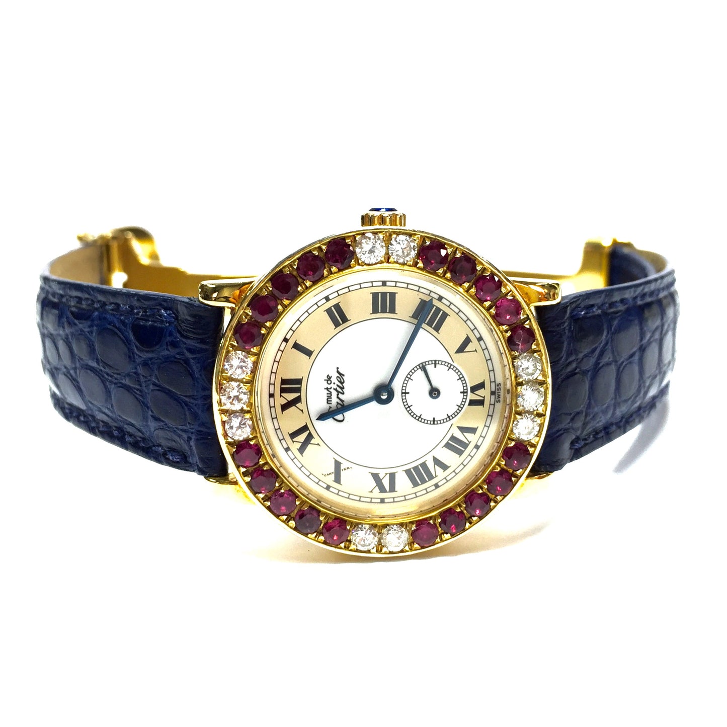 CARTIER RONDE 32mm Quartz GP Silver Diamonds & Red Rubies Watch