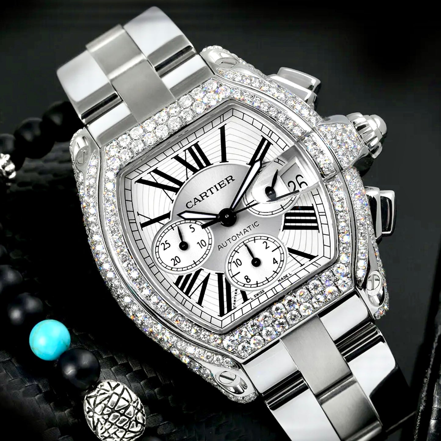 CARTIER ROADSTER Chronograph 2618 Automatic 42mm Steel ~4TCW DIAMOND Watch