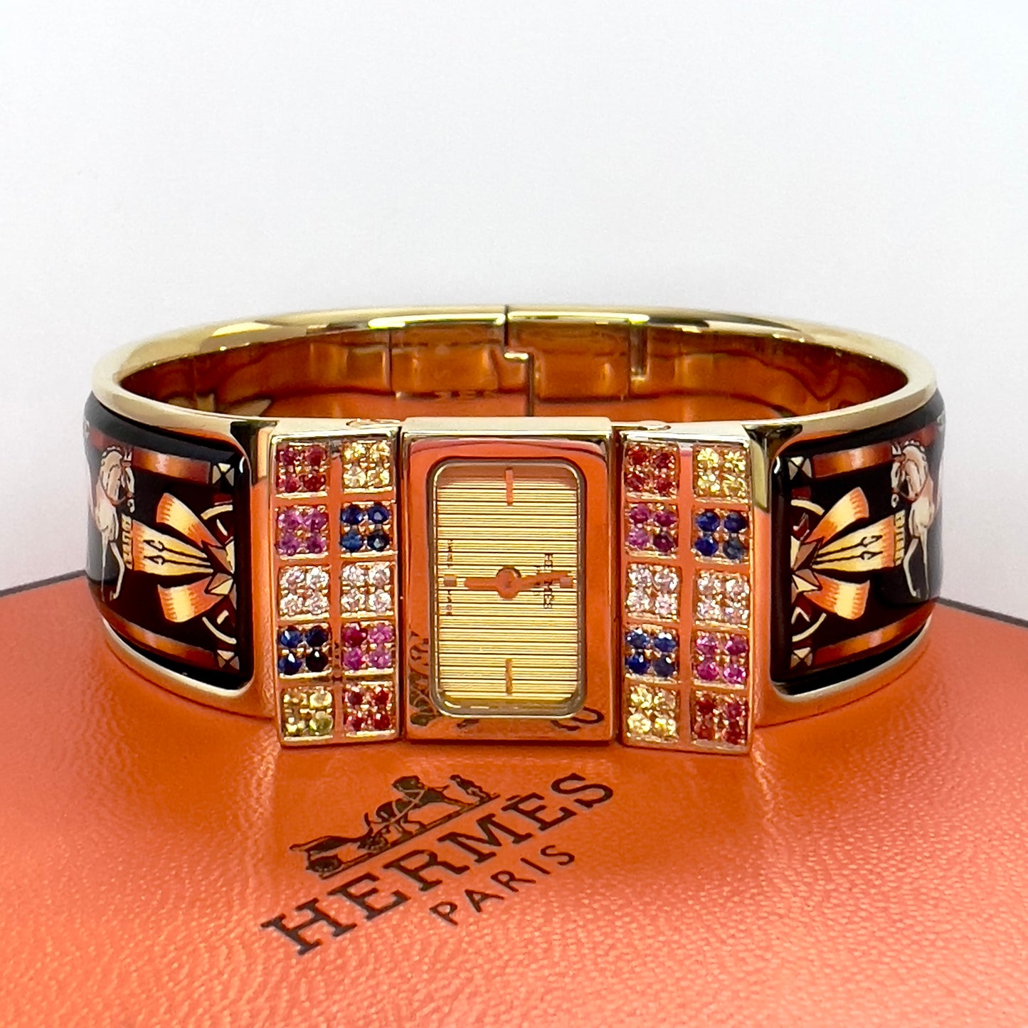 HERMÈS LOQUET Quartz 20mm Gold-Plated Steel Bracelet Watch Multi-Color SAPPHIRES & DIAMONDS