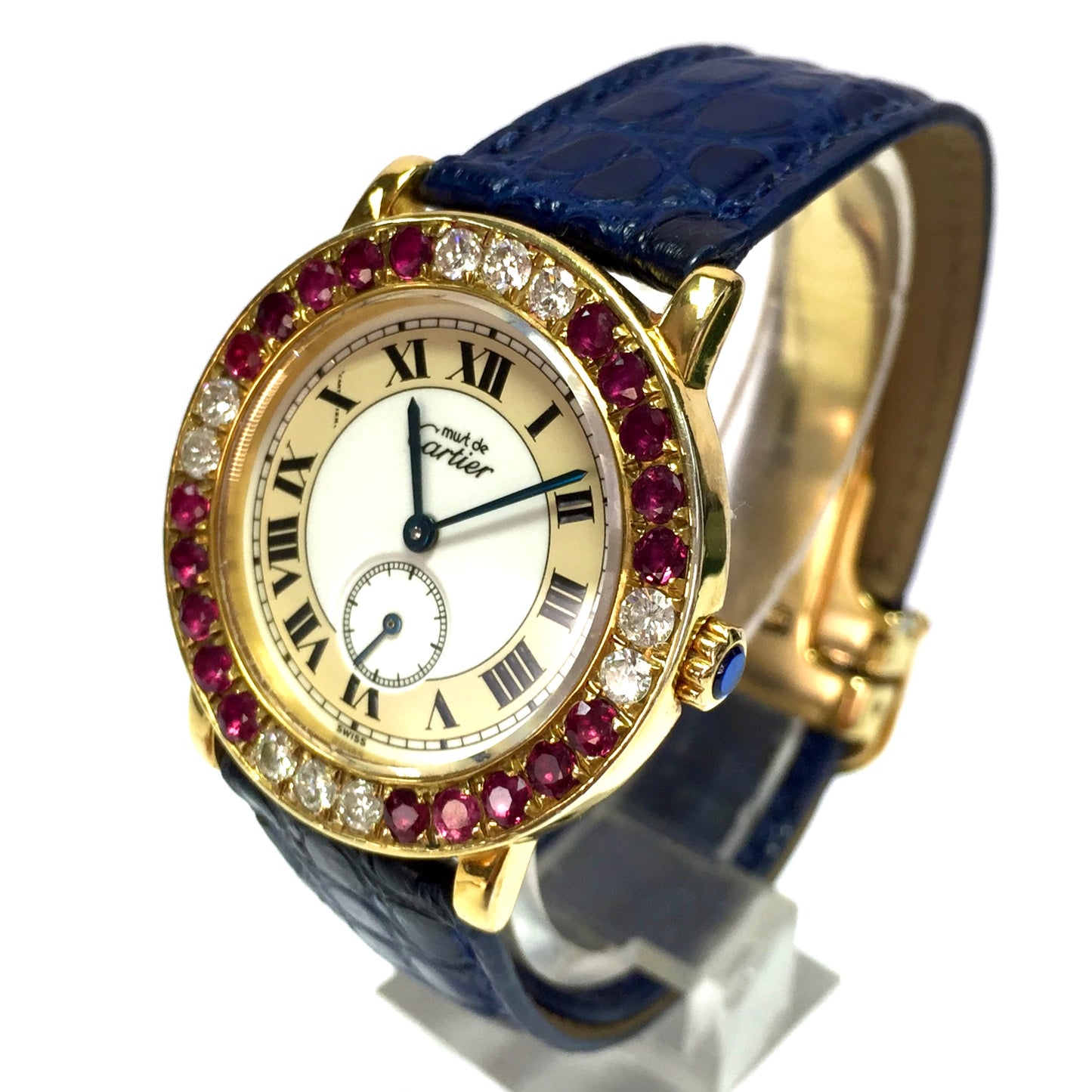CARTIER RONDE 32mm Quartz GP Silver Diamonds & Red Rubies Watch