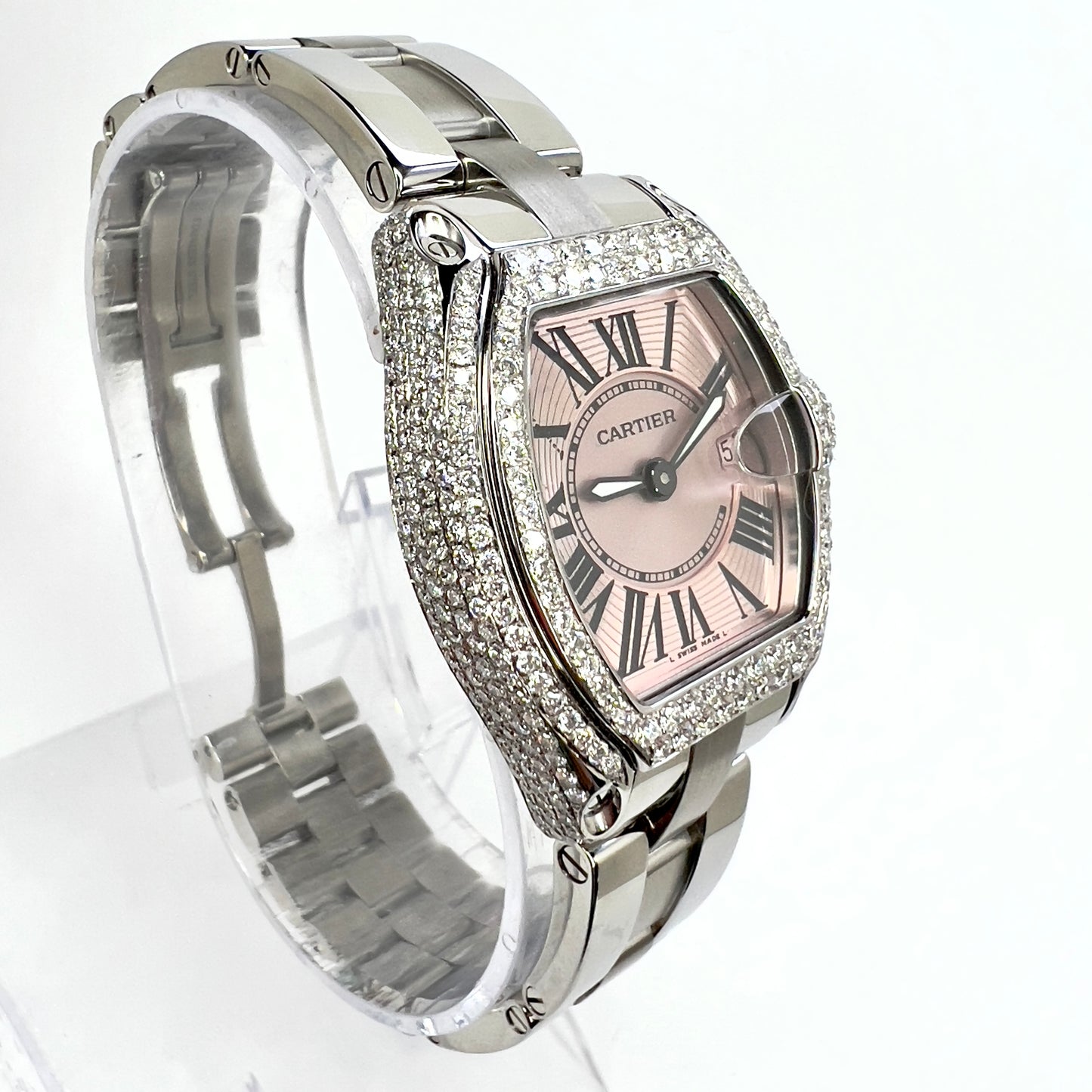 CARTIER ROADSTER Quartz Steel 31mm Pink Dial 3.2TCW DIAMOND Watch