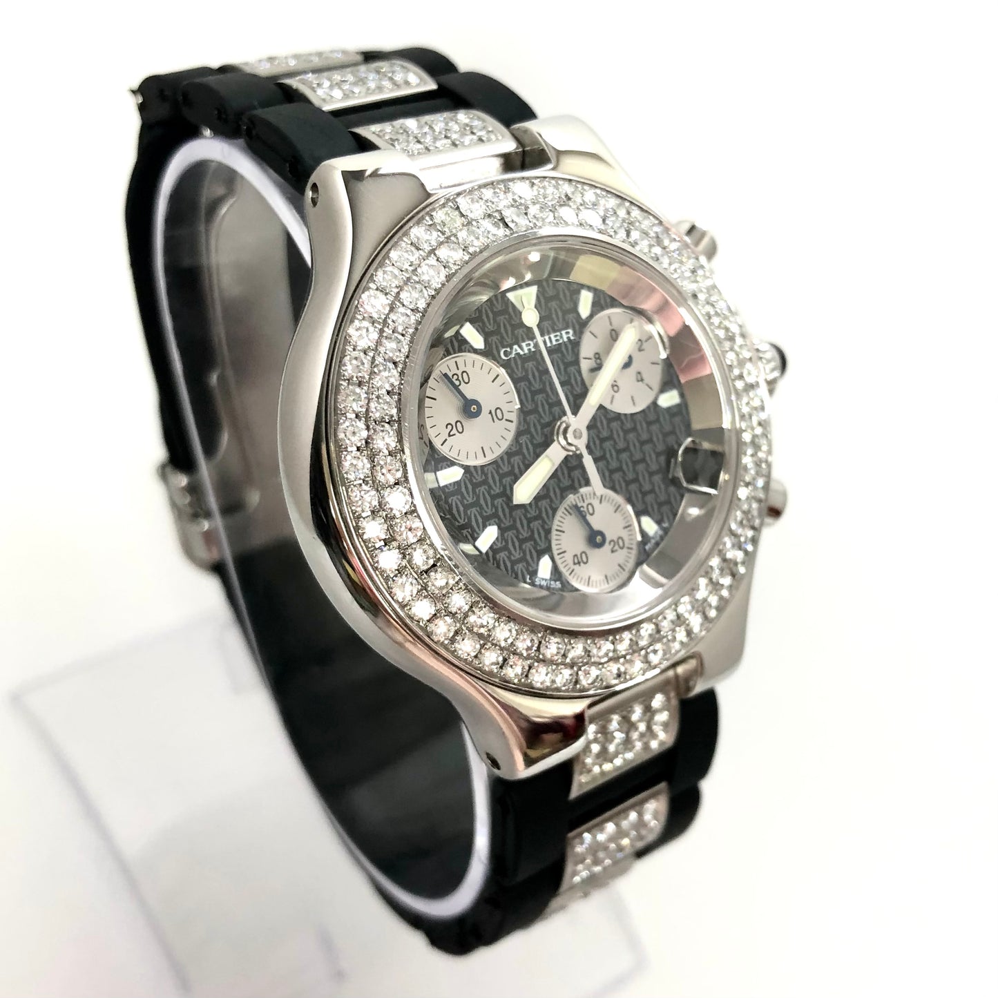 CARTIER CHRONOSCAPH 21 Chronograph 2424 Quartz Steel 38mm 4.47TCW DIAMOND Watch