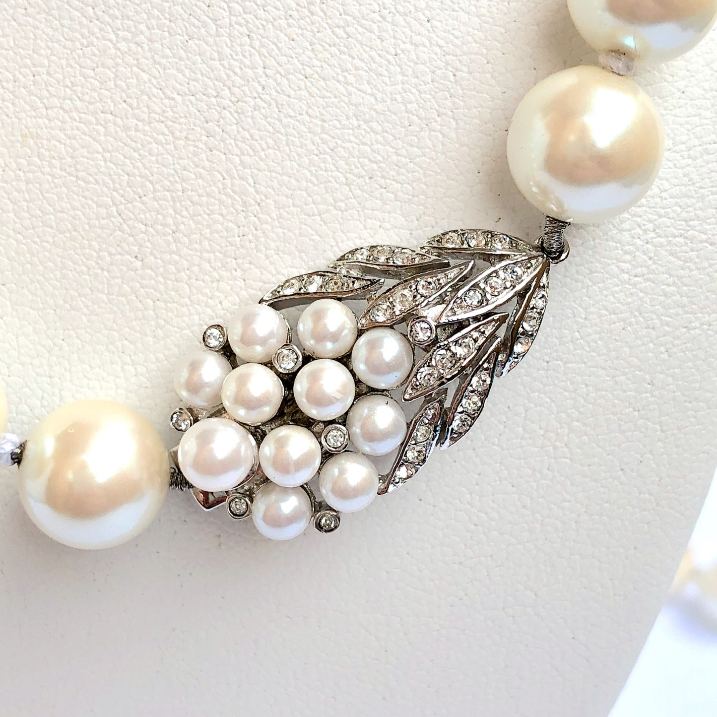 Champagne Faux PEARLS NECKLACE 27” Long Silver Detail Crystals