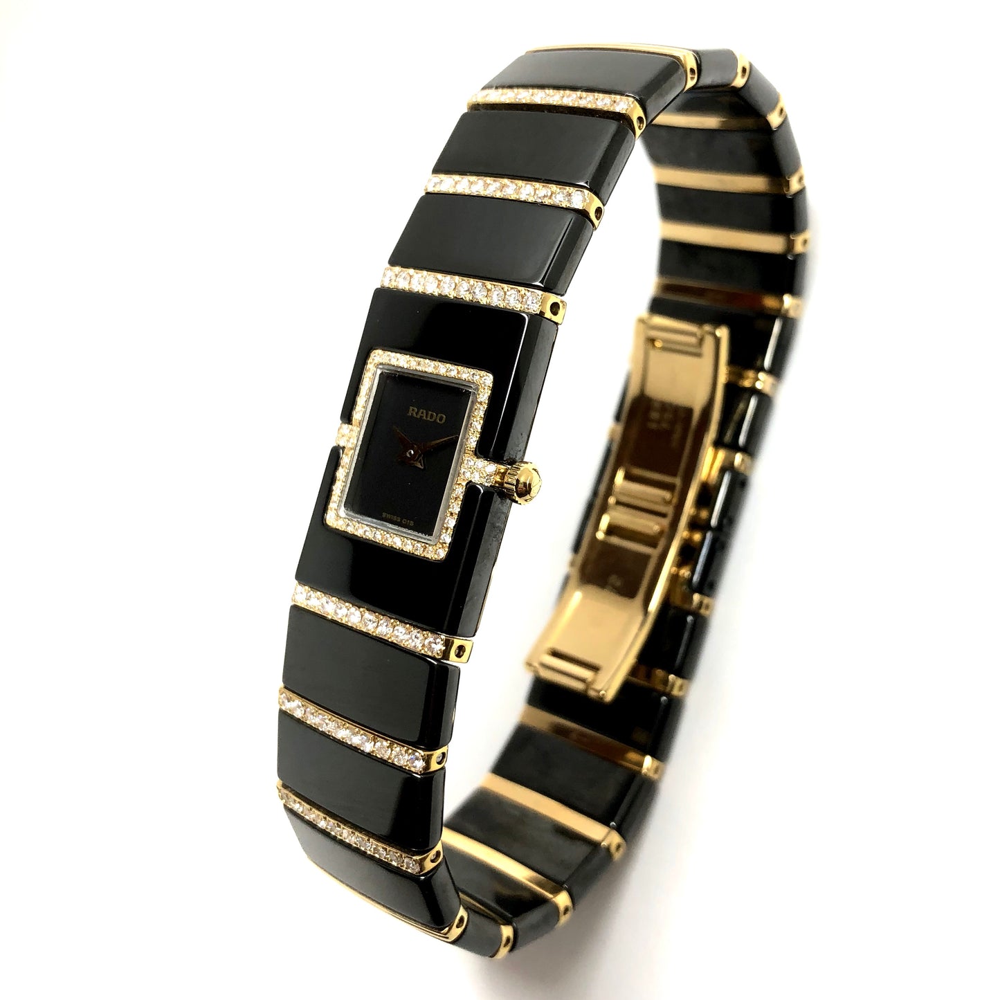RADO DiaStar Quartz 16mm 18K Yellow Gold, Steel & High-Tech Black Ceramics ~0.75TCW Diamond Watch