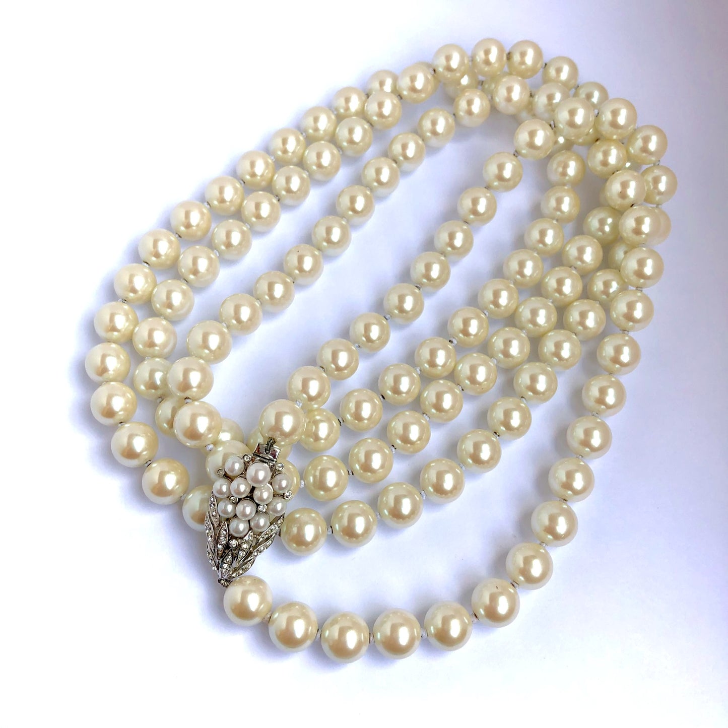 Champagne Faux PEARLS NECKLACE 27” Long Silver Detail Crystals