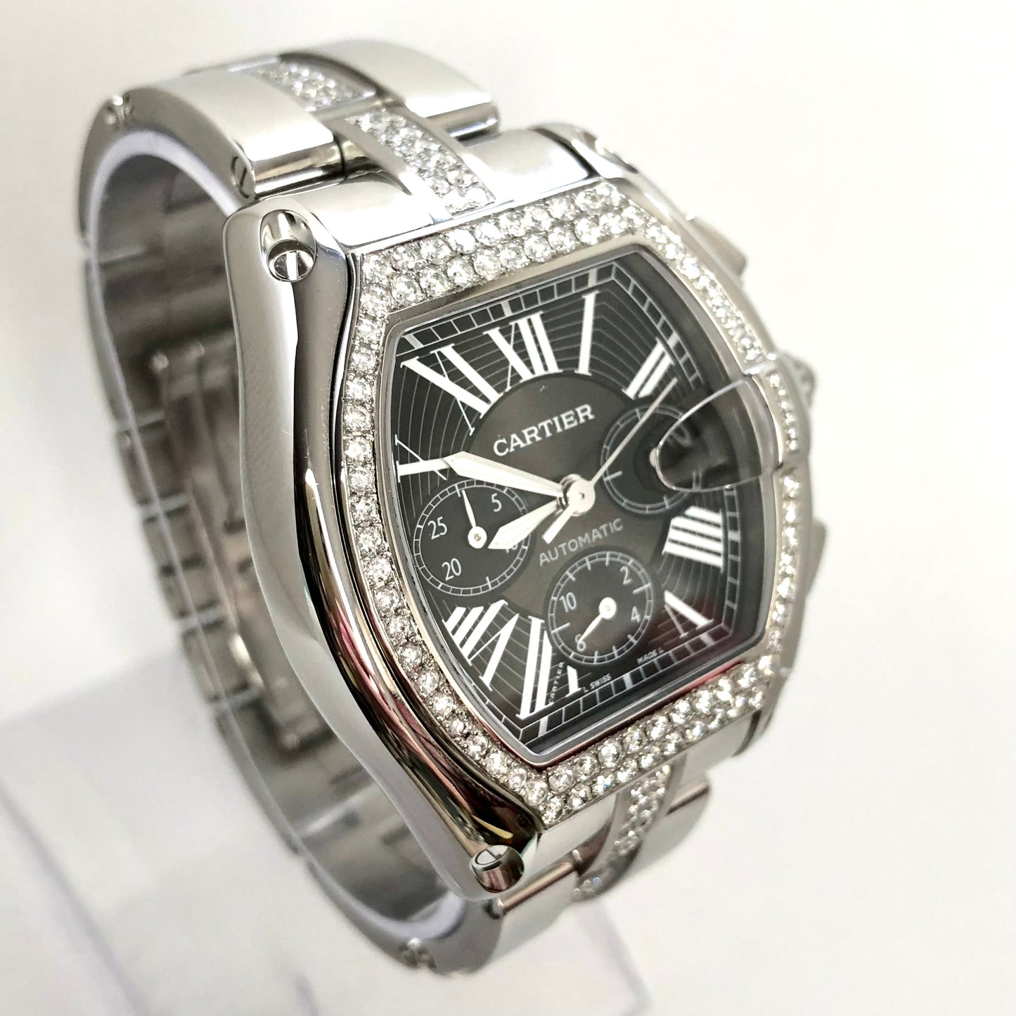 CARTIER ROADSTER Chronograph 2618 Automatic 42mm Steel ~4.5TCW Diamond Watch