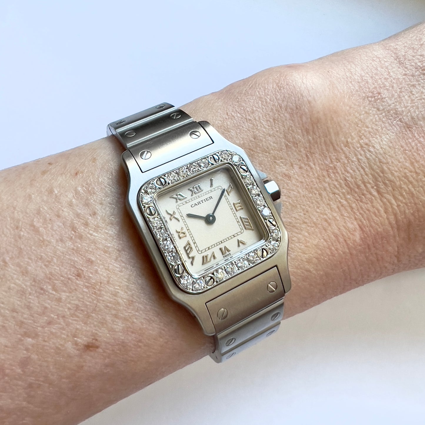 CARTIER Santos Galbee 24mm Quartz Steel Watch 0.69TCW DIAMOND Bezel