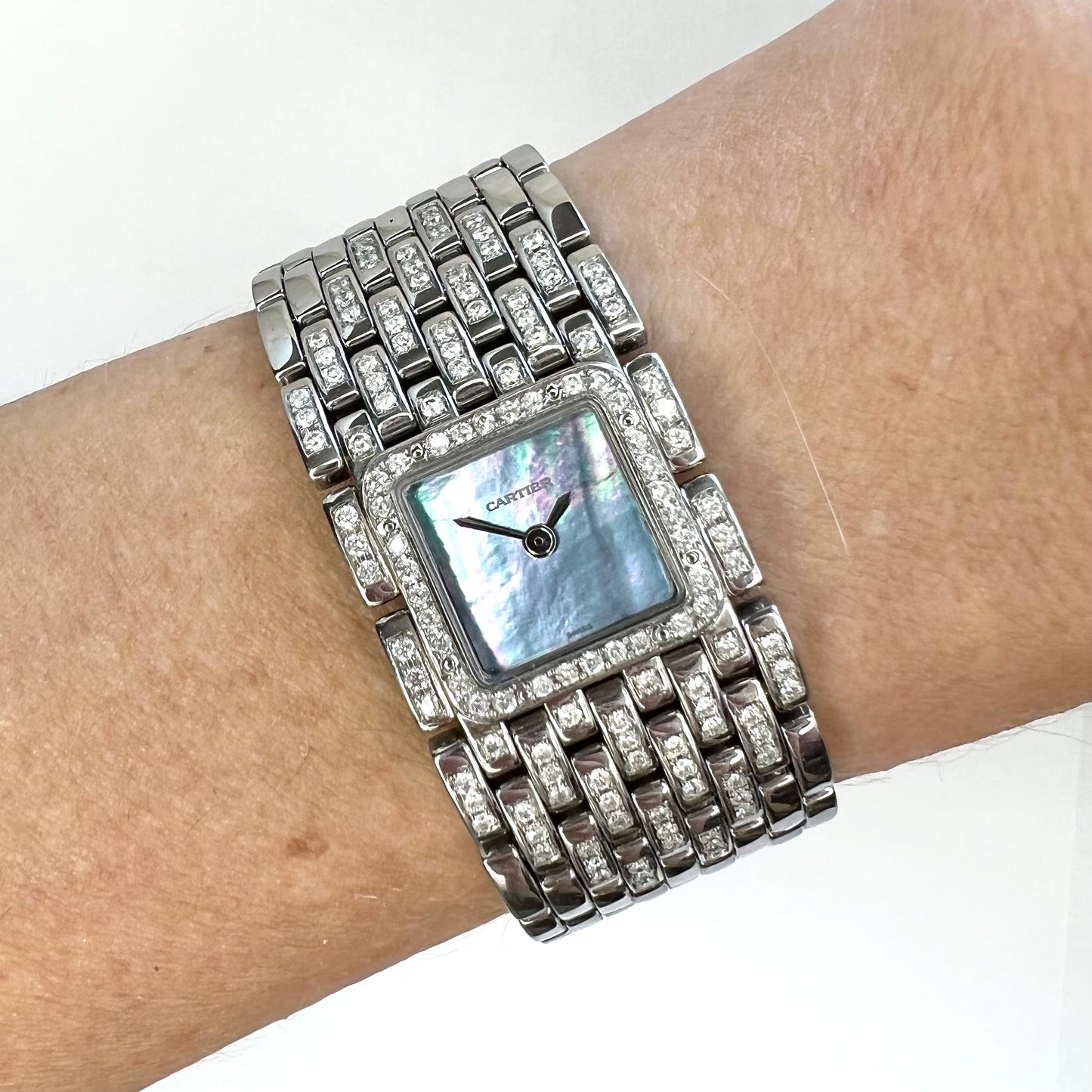 CARTIER PANTHERE RUBAN Quartz 21mm Steel ~1.32TCW DIAMOND Watch Blue MOP Dial