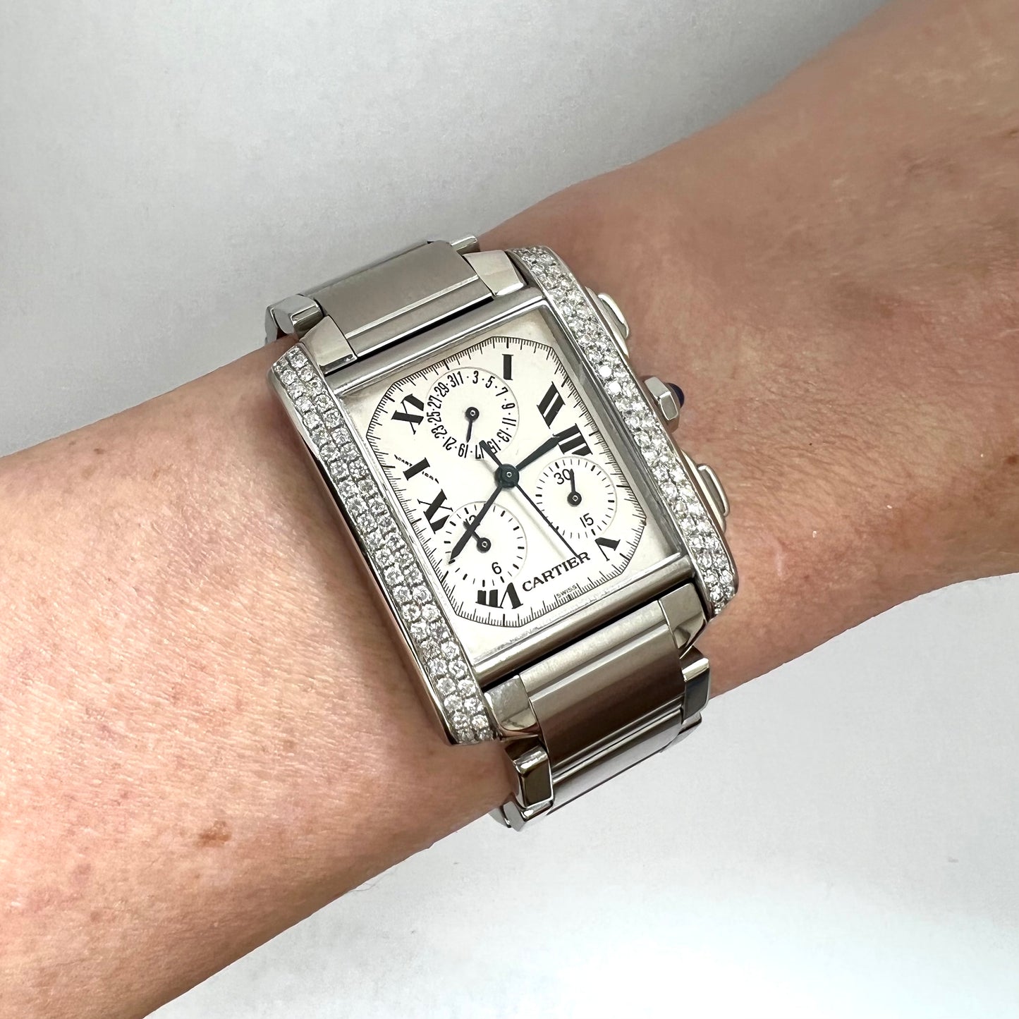 CARTIER TANK FRANCAISE Chronograph Quartz 28mm Steel ~1TCW DIAMOND Watch