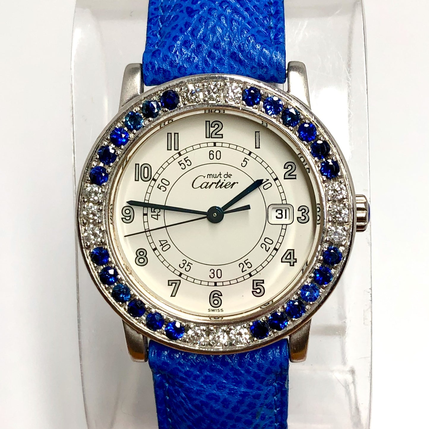 CARTIER RONDE Quartz 32mm Silver 0.48TCW Diamonds & Blue Sapphires Watch