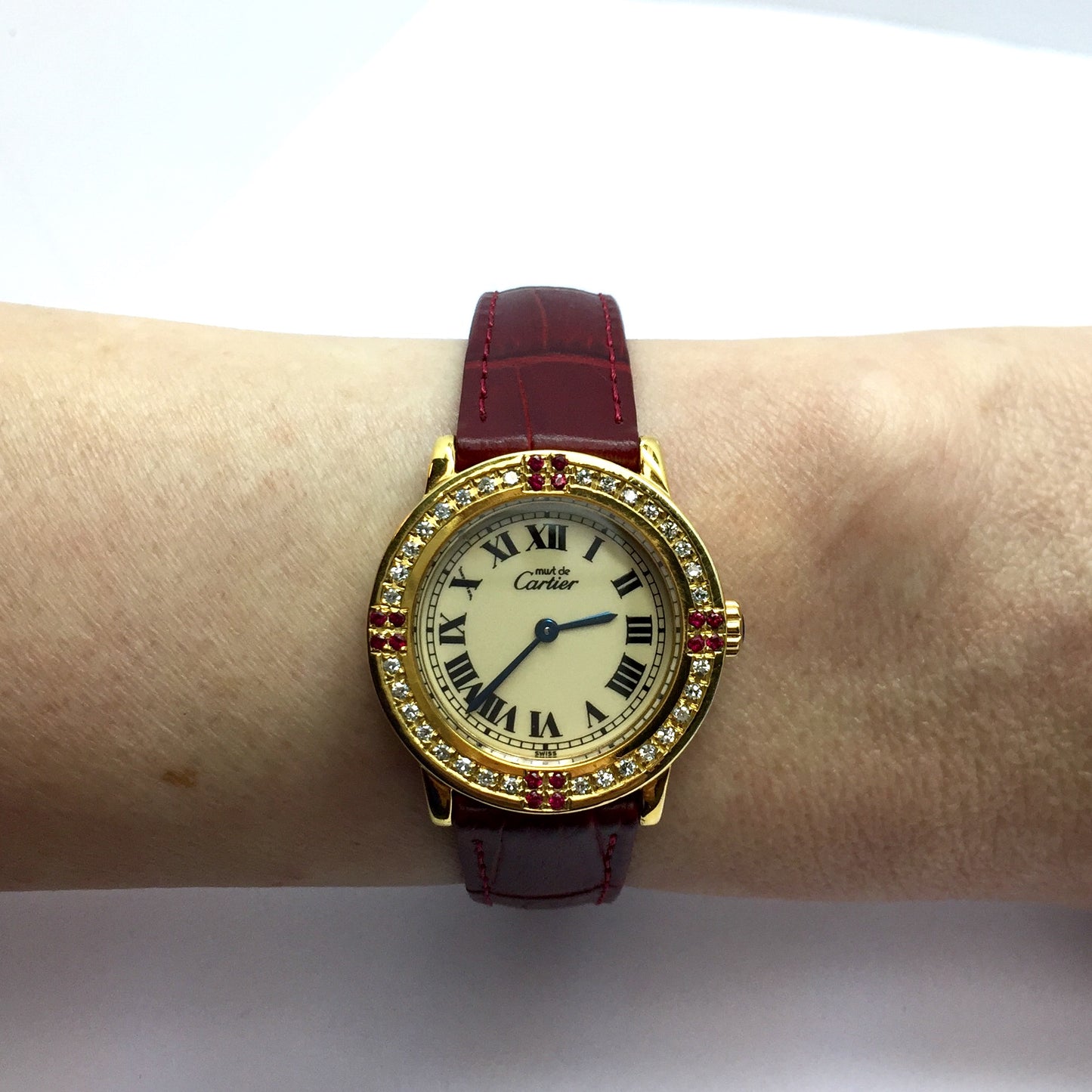 CARTIER Vermeil 28mm GP Silver Diamond & Rubies Watch