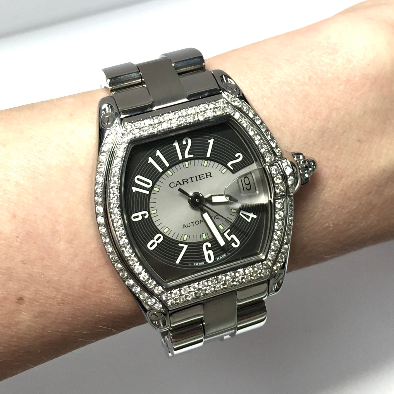 CARTIER ROADSTER 2510 Automatic 38mm Steel ~1.5TCW DIAMOND Watch