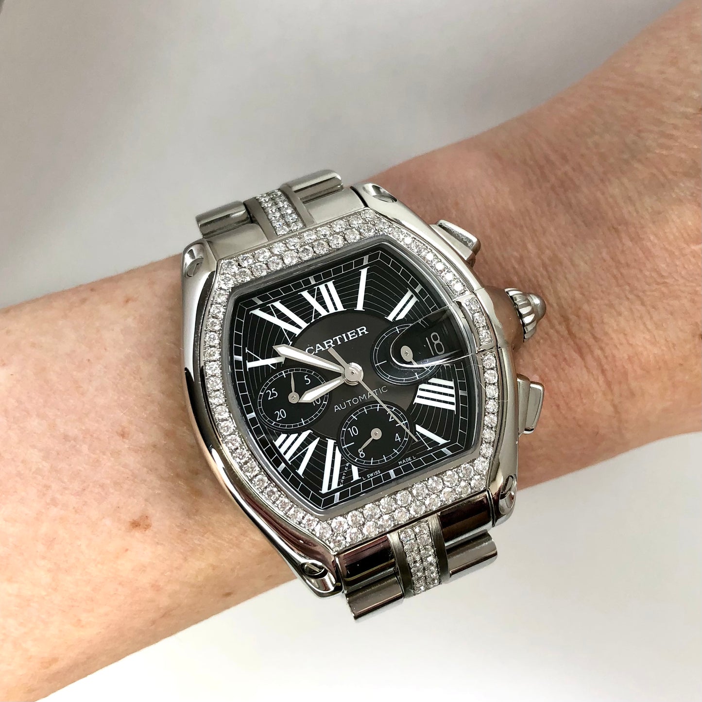 CARTIER ROADSTER Chronograph 2618 Automatic 42mm Steel ~4.5TCW Diamond Watch