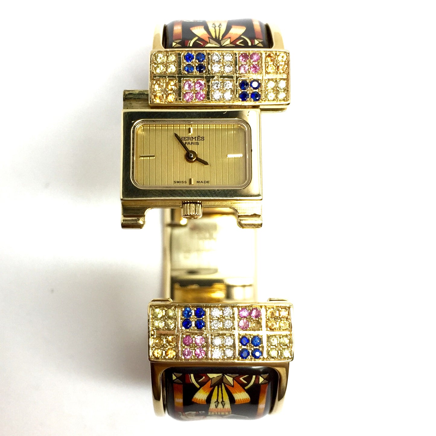 HERMÈS LOQUET 18K Gold-Plated Bracelet Watch w/ Multi-Color SAPPHIRES & DIAMONDS