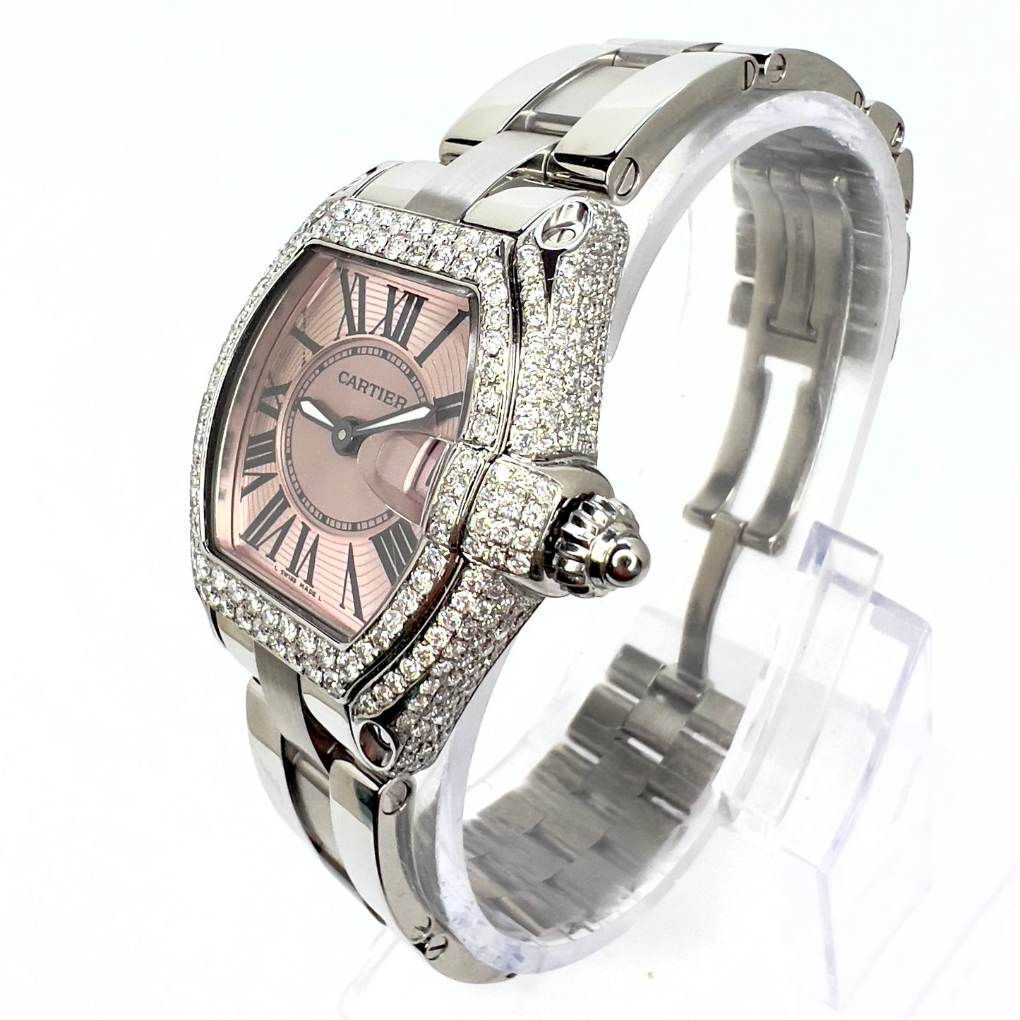 CARTIER ROADSTER Quartz Steel 31mm Pink Dial 3.2TCW DIAMOND Watch