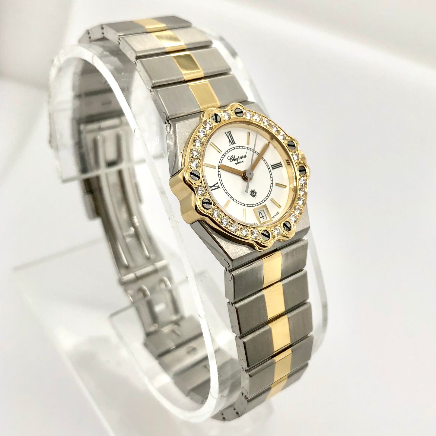 CHOPARD ST. MORITZ Quartz 24mm 18K Yellow Gold & Steel Watch 1.02TCW DIAMOND Bezel