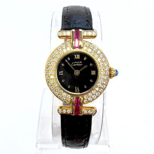 CARTIER VERMEIL COLISÈE Quartz 24mm GP Silver 0.87TCW DIAMONDS
 & Red Rubies Black Dial Watch