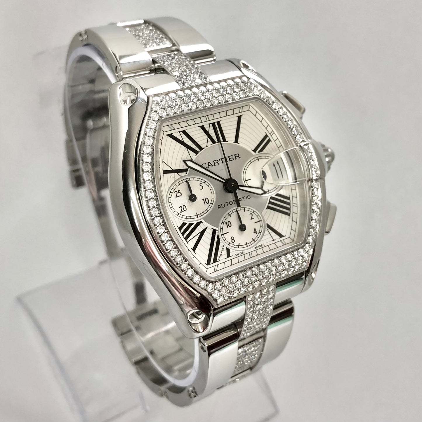 CARTIER ROADSTER Chronograph Automatic 42mm Steel ~2.5TCW DIAMOND Bezel & Bracelet Watch